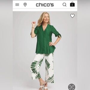 Chico’s Cotton Voile & Silk Pleated Blouse green palm leaf size 1 US medium NEW